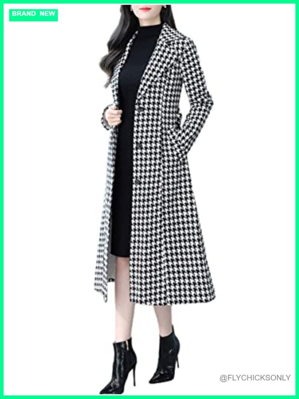 Women's Houndstooth Wool Blend Trench Coat Quilt-Lined Long Winter Pea Coat